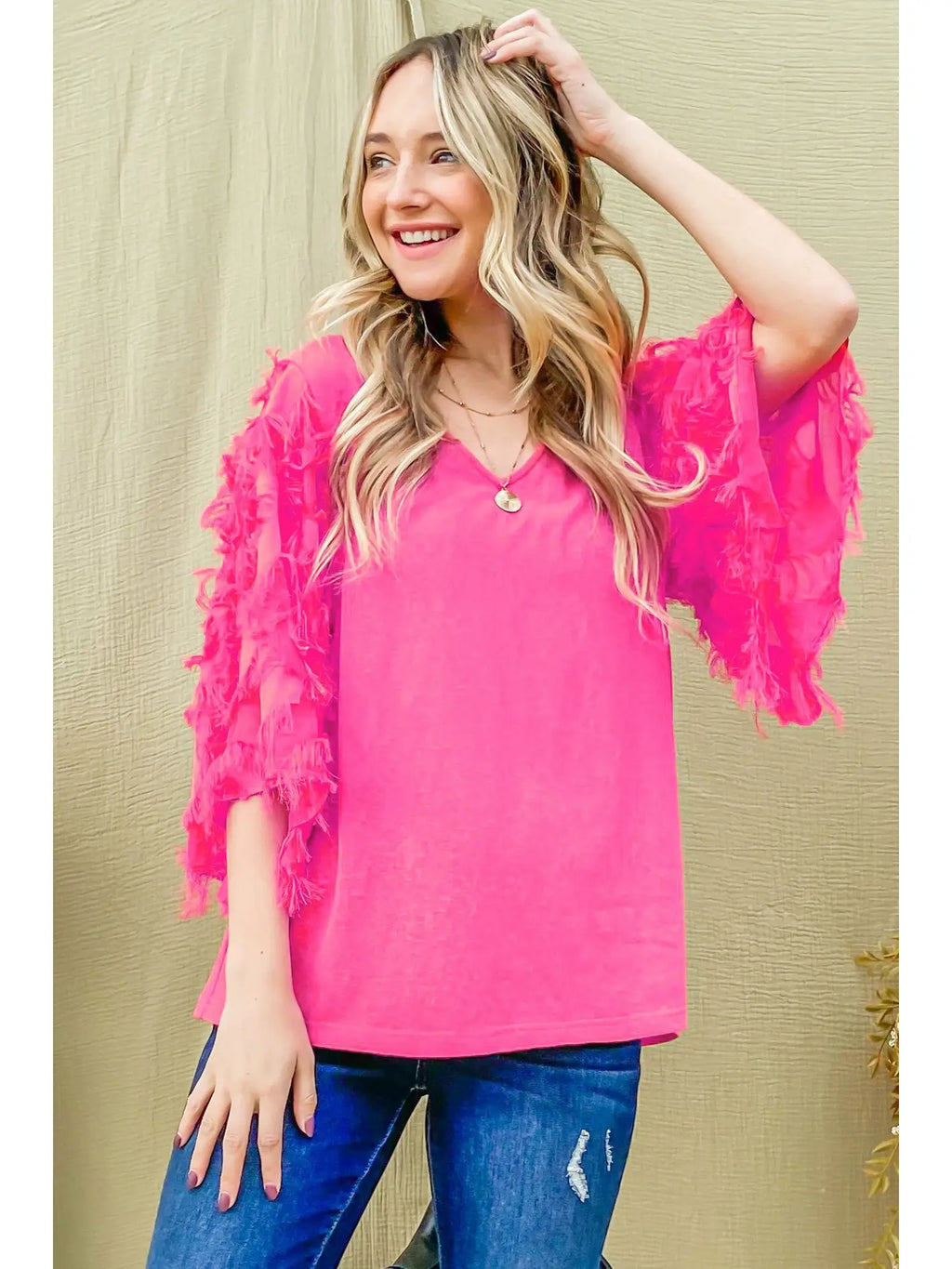 Hot pink, feathered sleeve shirt
