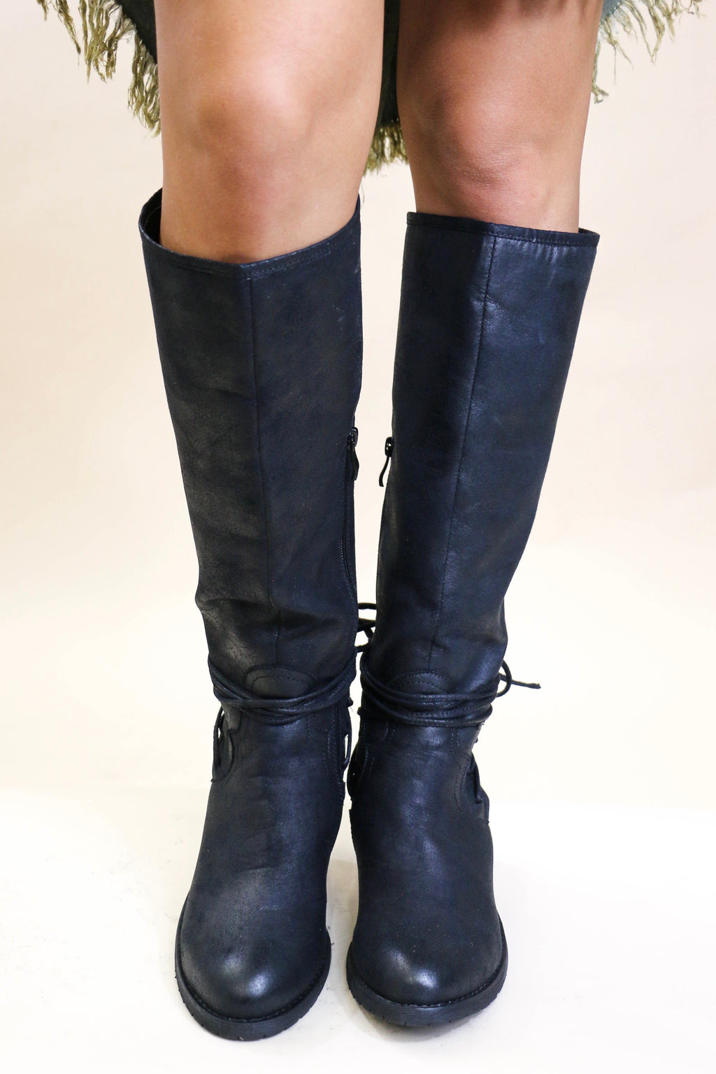 Very Volatile Lace Up Tall Black Boots with Camo Accent