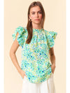 Floral Ruffle Neck Layered Ruffle Cap Sleeve Top