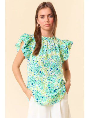 Floral Ruffle Neck Layered Ruffle Cap Sleeve Top