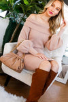 Off-The-Shoulder Rib Knit Sweater Knee Dress