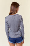 Striped Rib Exposed Seaming Long Sleeve Henley Top - 44702T