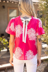 Floral Embroidered Bubble Sleeeve Ribbon Tie Top