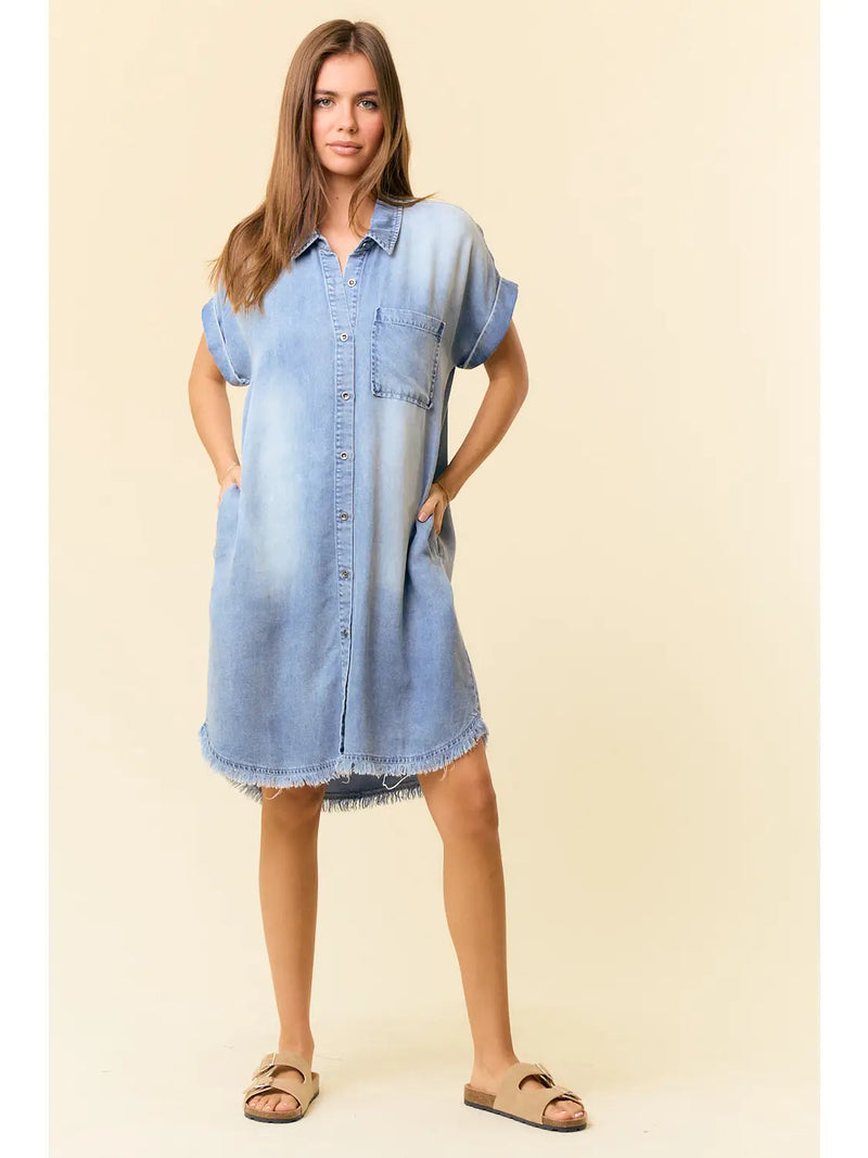Dolman Short Sleeve Tencel Denim Shirt Mini Dress -