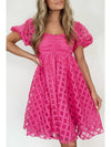 Strawberry Pink Checkered Puff Sleeve Babydoll Dress