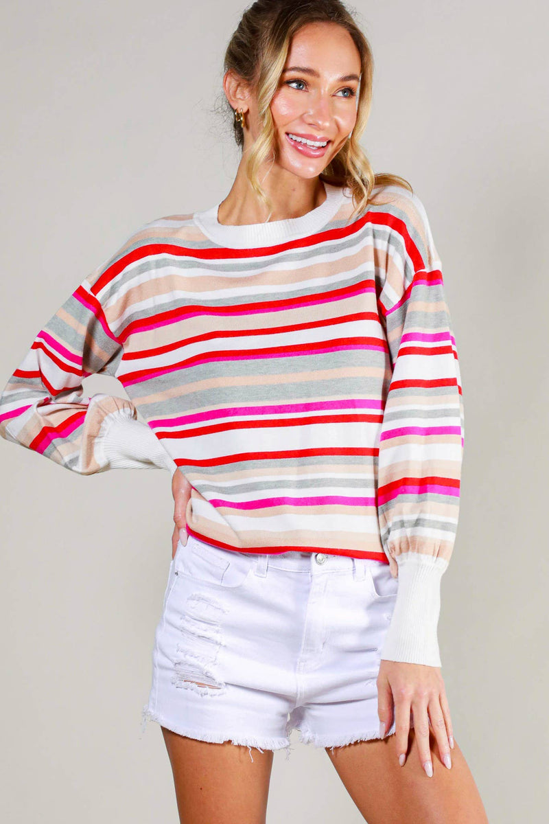 Crew Neck Balloon Sleeve Multi Striped Sweater Top