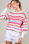 Crew Neck Balloon Sleeve Multi Striped Sweater Top