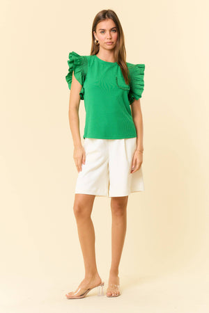 CrewNeck Popline Smocked Ruffle Cap Sleeve Top - 44298T: KELLY GREEN / S