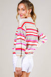 Crew Neck Balloon Sleeve Multi Striped Sweater Top