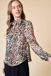 TIE-NECK LONG SLEEVE ABSTRACT PRIINTED BLOUSE - 43755T