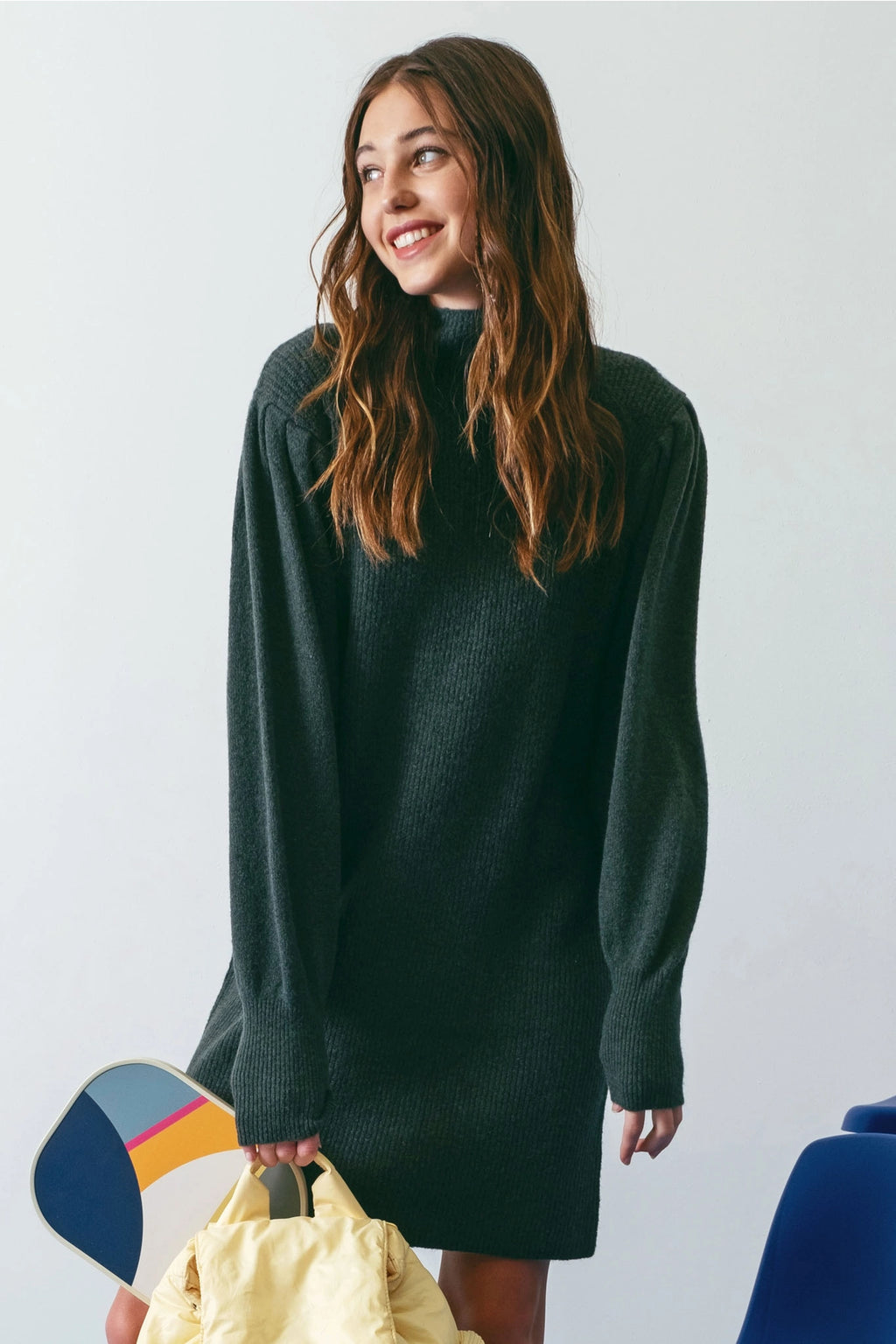 MOCK NECK LONG PUFF SLEEVE KNIT SWEATER DRESS