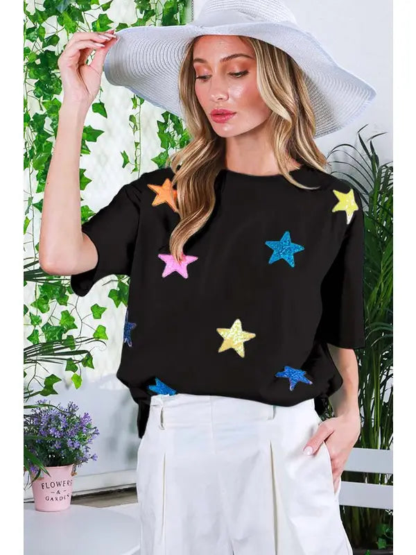 Crew Neck Short-Sleeve Star Sequin Cotton Knit Top