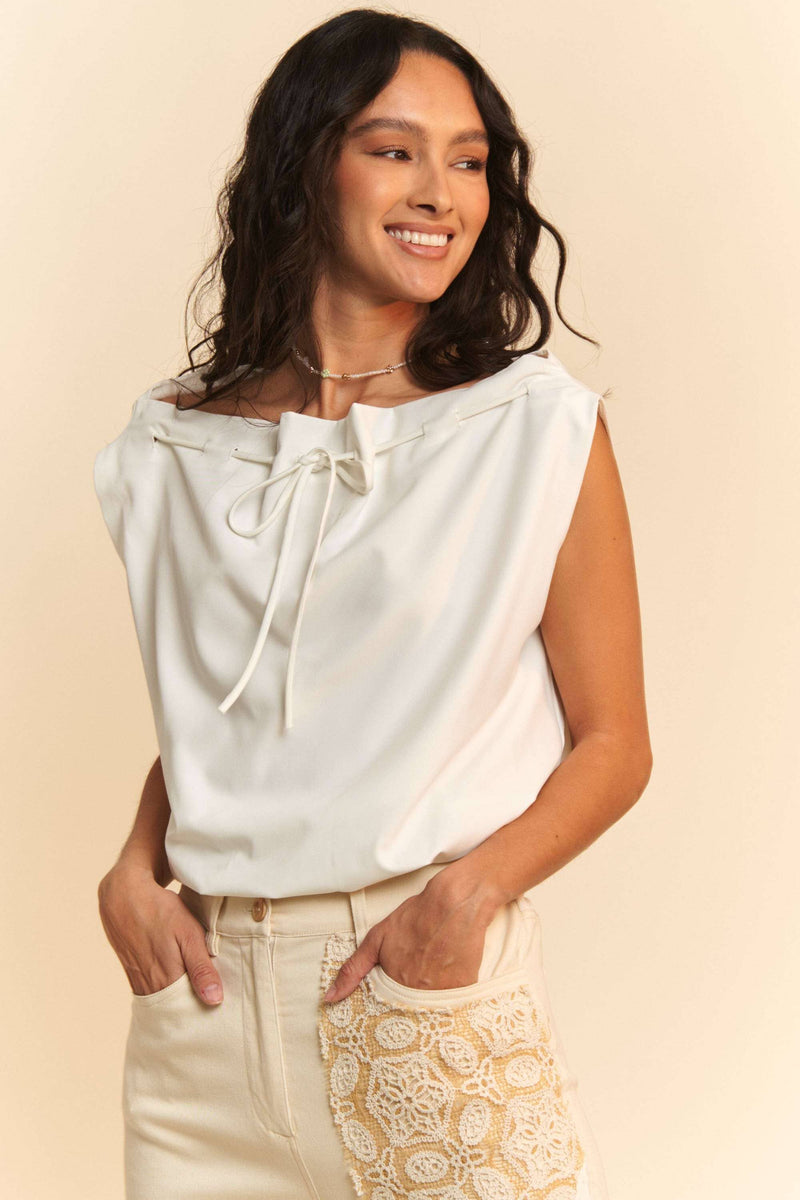 SOLID SLEEVELESS COWL NECK TIE DETAIL TOP