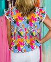 Multicolor Abstract Print High Neck Flutter Sleeves Top