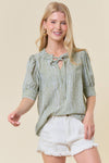 Stripe Adjustable self-tie Neck Half Sleeve Blouse - 44077T