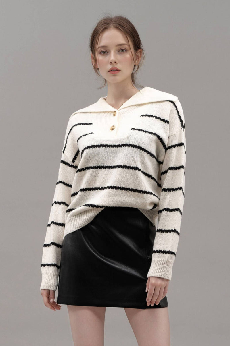 STRIPE SHAWL COLLAR HALF BUTTON KNIT SWEATER