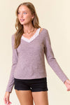 Lace Layered V-Neck Cut-out Long Sleeve Tee - 44672T-1