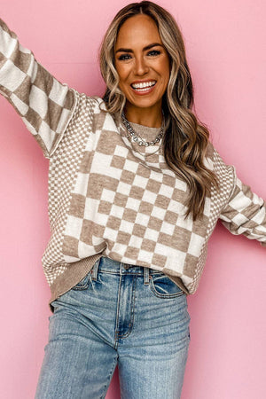 Lexee Checkered Round Neck Sweater | S-XL