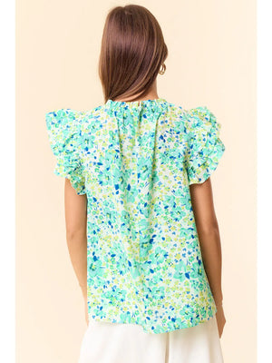 Floral Ruffle Neck Layered Ruffle Cap Sleeve Top