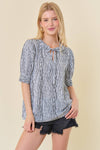 Stripe Adjustable self-tie Neck Half Sleeve Blouse - 44077T