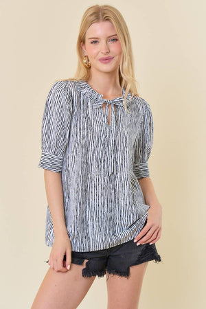 Stripe Adjustable self-tie Neck Half Sleeve Blouse - 44077T