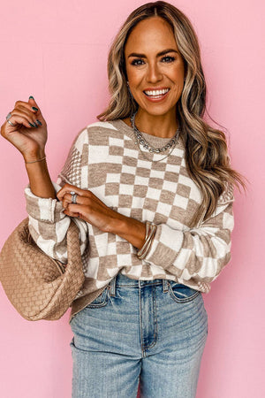 Lexee Checkered Round Neck Sweater | S-XL