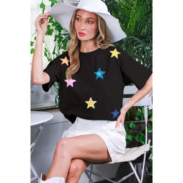 Crew Neck Short-Sleeve Star Sequin Cotton Knit Top