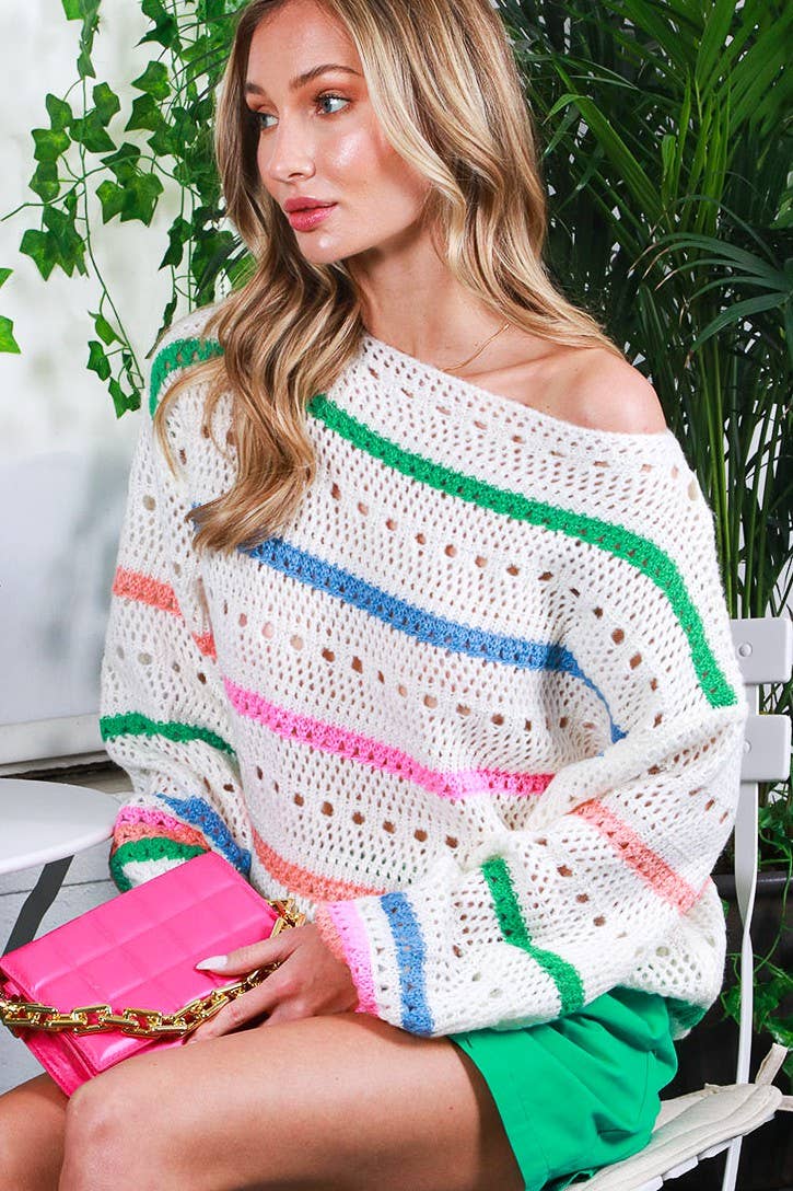 Multi Color Stripe Crochet Knitted Sweater Top