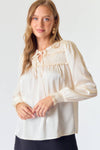 V NECK SMOCKED RUFFLE DETAILED LONG SLEEVE BLOUSE - 44073T