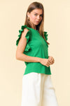 CrewNeck Popline Smocked Ruffle Cap Sleeve Top - 44298T: KELLY GREEN / S