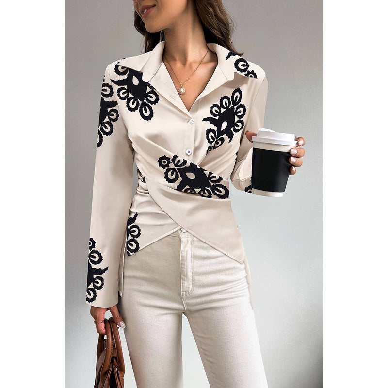 Print Button Cross Asymmetrical Hem Fit Blouse