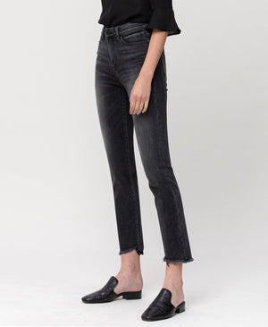 HIGH RISE UNBALANCED HEM CROP SLIM STRAIGHT JEANS