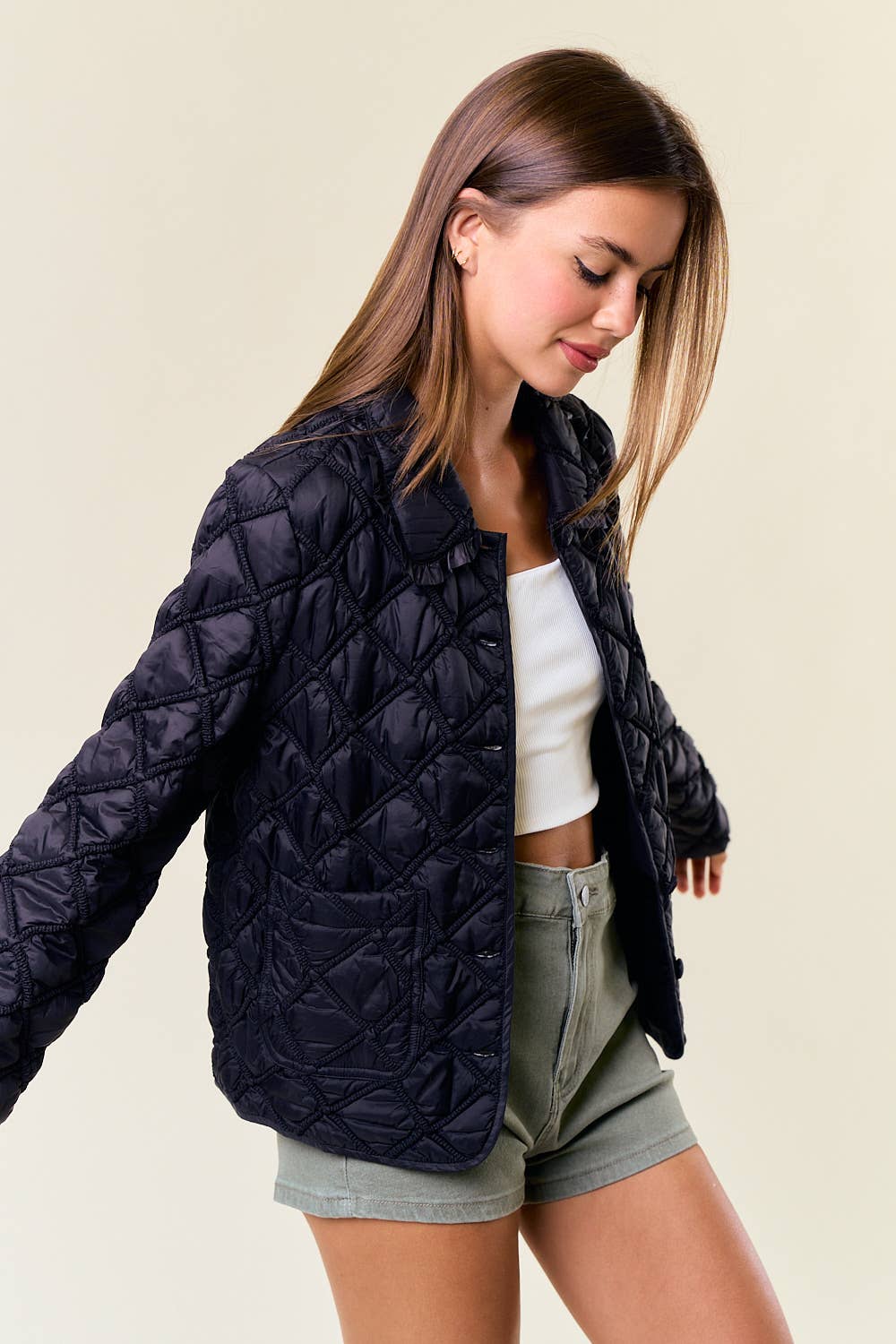 Over-Sized Collar Quilted Button-Down Jacket - 10601J