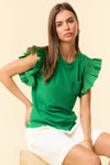 CrewNeck Popline Smocked Ruffle Cap Sleeve Top - 44298T: KELLY GREEN / S