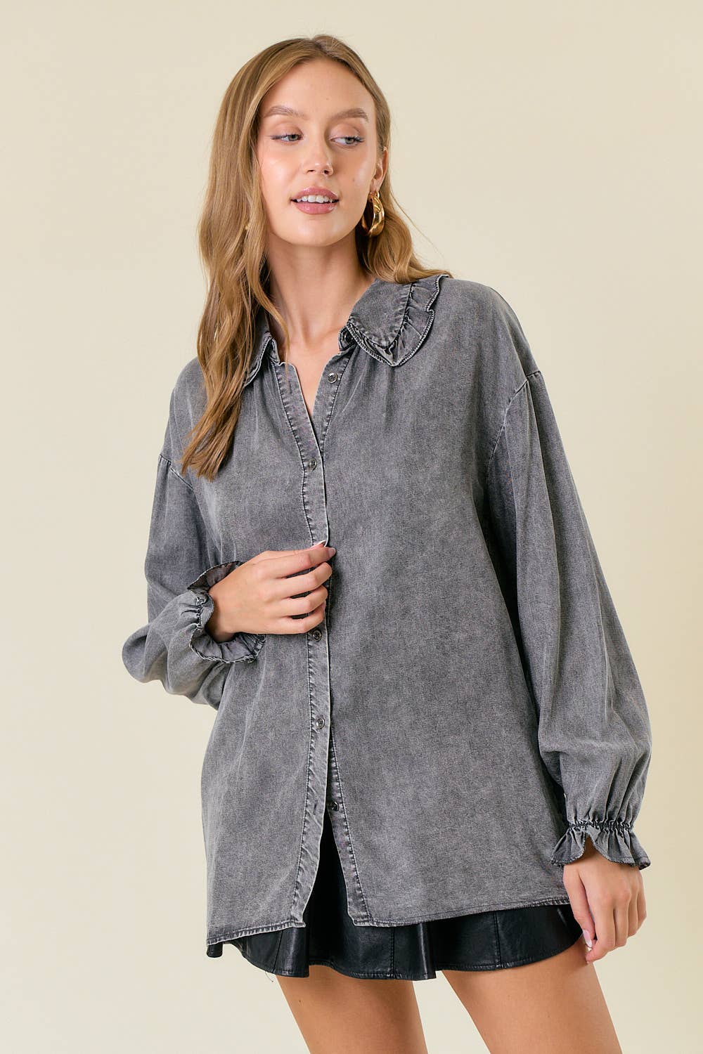 Oversized Button-Down Denim Blouse