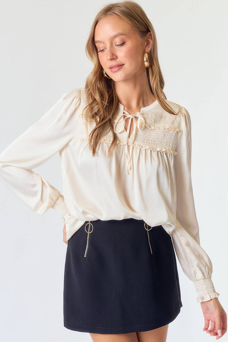 V NECK SMOCKED RUFFLE DETAILED LONG SLEEVE BLOUSE - 44073T