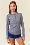 Striped Rib Exposed Seaming Long Sleeve Henley Top - 44702T