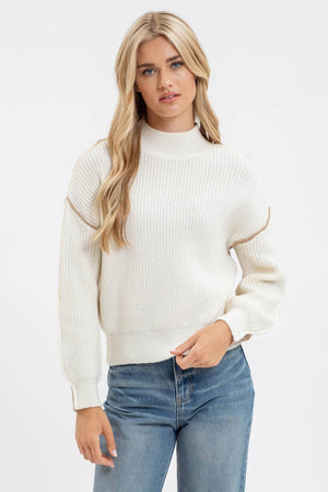 COLORBLOCK MOCK NECK EXPOSED SEAM KNIT SWEATER