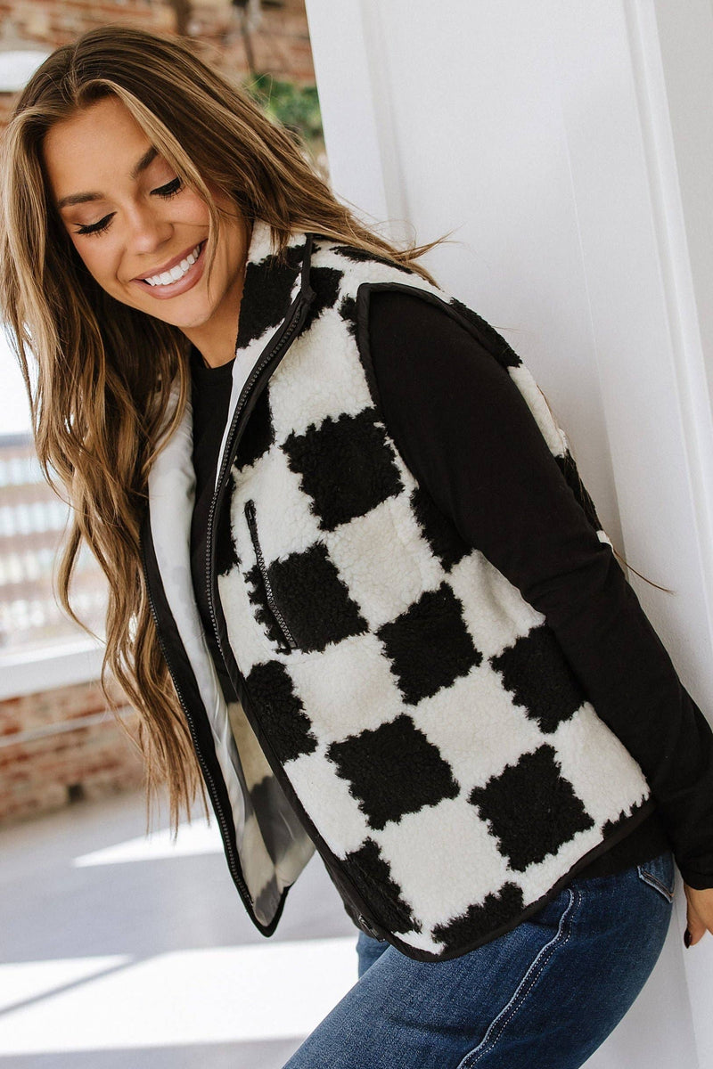 Meg Checkered Sherpa Collared Vest | S-XL | PRE ORDER