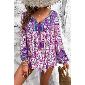 All Over Floral Print Cross Deep V Boho Top