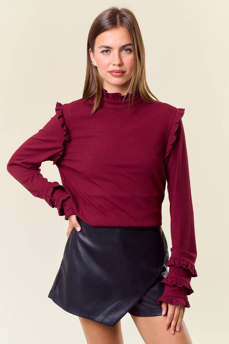 Ribbed Knit Ruffled Mock neck Long Sleeve Top - 44689T