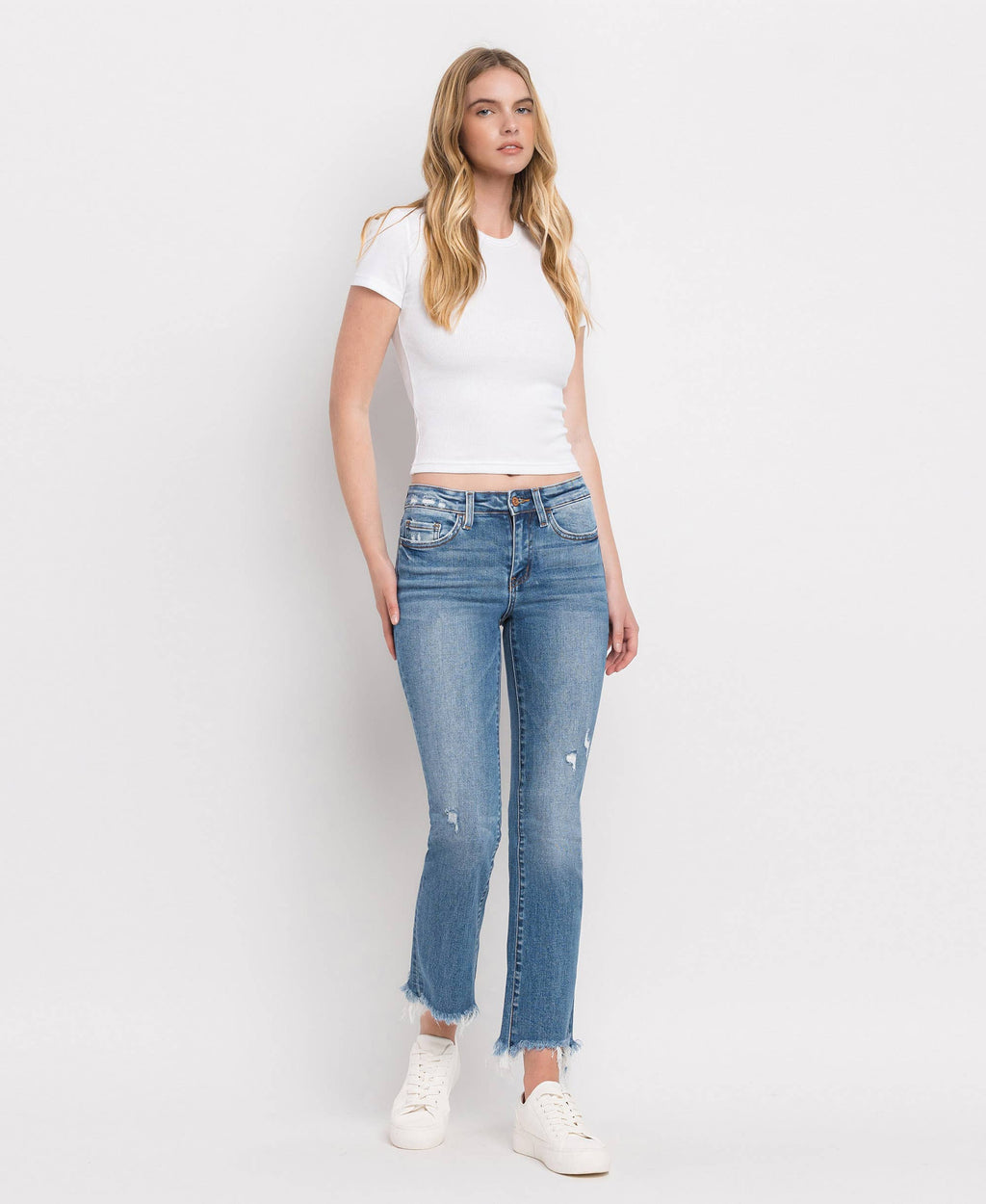 MID RISE DISTRESSED HEM ANKLE BOOTCUT JEANS