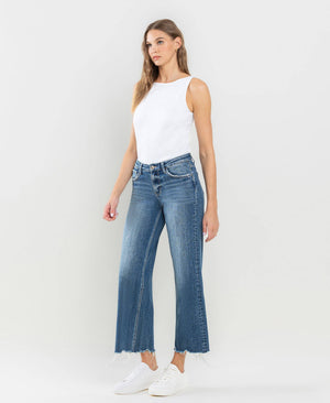 MID RISE RAW HEM WIDE LEG JEANS