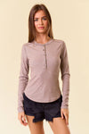 Striped Rib Exposed Seaming Long Sleeve Henley Top - 44702T