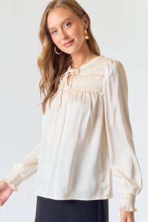 V NECK SMOCKED RUFFLE DETAILED LONG SLEEVE BLOUSE - 44073T