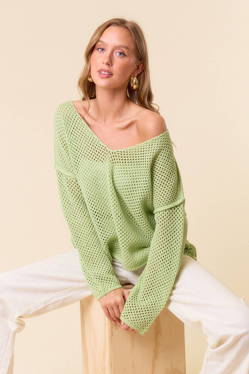 V-Neck Long Sleeve Fishnet Sweater Knit Top - 44344T