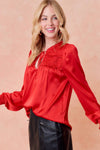 V NECK SMOCKED RUFFLE DETAILED LONG SLEEVE BLOUSE - 44073T