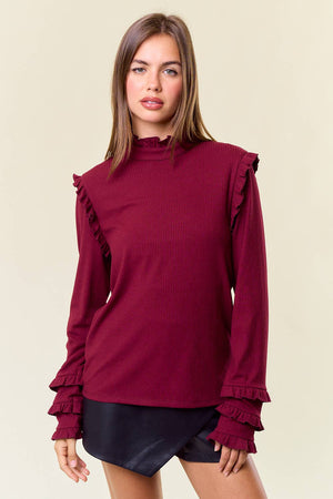 Ribbed Knit Ruffled Mock neck Long Sleeve Top - 44689T