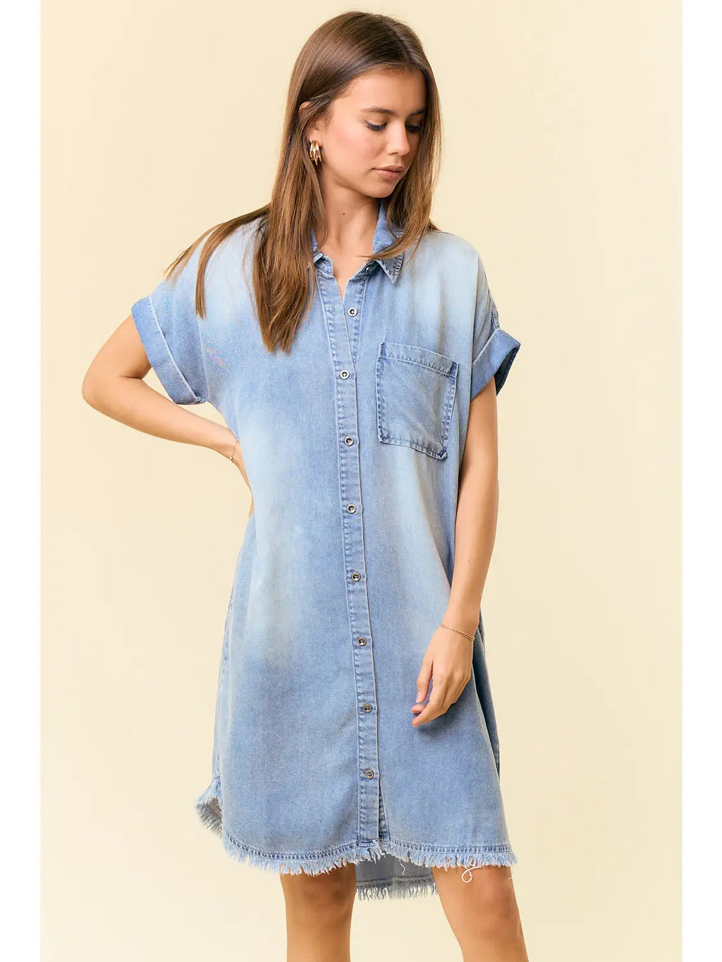 Dolman Short Sleeve Tencel Denim Shirt Mini Dress -
