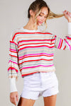 Crew Neck Balloon Sleeve Multi Striped Sweater Top